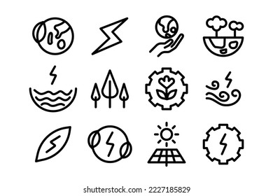 Collection of green energy icon for environment theme. Simple stroke line art icon design