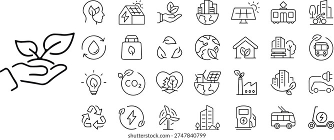 Collection of Green energy Linear Icons, Green city Web Icon Set in Line Style. Including renewable energy, autonomous building, air and water quality, zero waste, environmental