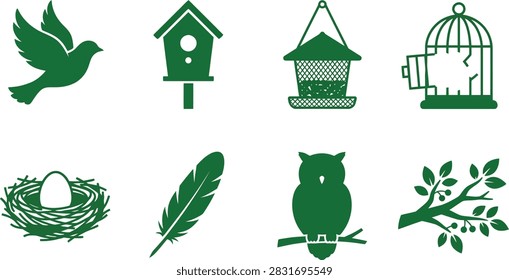 A collection of green flat icons featuring various bird-related elements including a flying bird, birdhouse, feeder, cage, nest, egg, feather, owl, and branch.