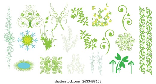 A collection of green floral and botanical vector design elements on a white background