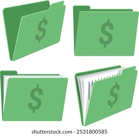 Collection of green folder icons with dollar symbol empty or filled with documents (cut out)