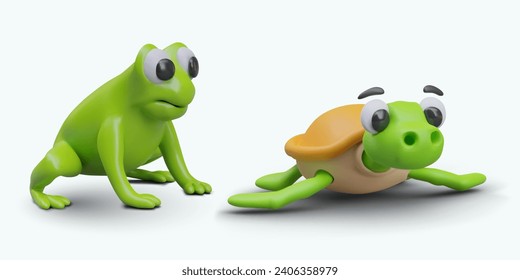Collection of green frog and turtle. Cartoon frog sitting and ready to jump. Terrarium animal for online game. Vector realistic design illustration in 3d style