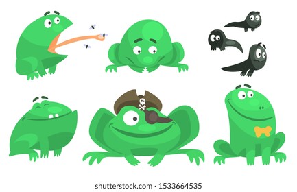 Collection of Green Frog with Various Emotions, Funny Amphibian Animal Cartoon Character in Different Situations Vector Illustration