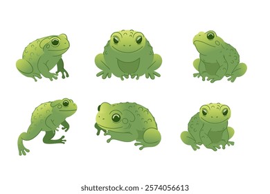 Collection of green frogs in various poses. Cartoon animal design, cute amphibian. Great for nature illustrations, wildlife designs, or educational visuals. Vector illustration isolated on white