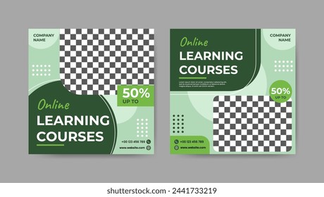 Collection of green geometric digital study, online learning courses social media post templates. Square banner design background.