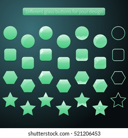 Collection of green glossy buttons or app banners with different gloss reflection effect and various forms for your design. Vector. Eps10.