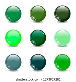 Collection of green glossy spheres isolated on white. Vector illustration for your design.