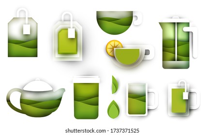 Collection green graphic elements for tea on white background. Abstract art composition in modern geometric papercut style. Minialistic concept design template for branding. Vector flat illustration.