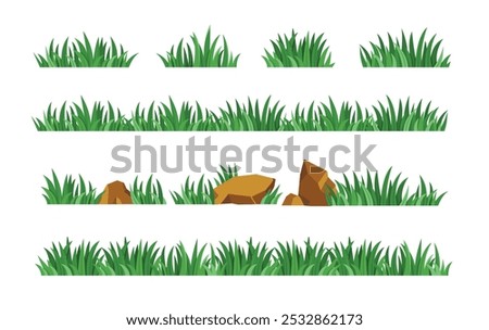 collection of green grass fragments in the yard, set of grass of various types and sizes	
