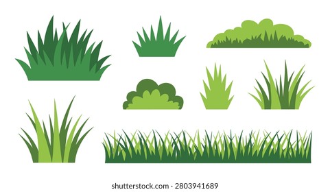 Collection of green grass patches and rounded shrub bushes in a flat style isolated on a white background featuring various blade lengths and dense foliage shapes