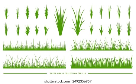 Colección de siluetas de hierba verde en varios tamaños y estilos.  Incluye blades, clústeres y bordes únicos para el diseño.