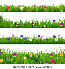 Collection Green Grass And Spring Flowers Borders 
With Gradient Mesh, Vector Illustration