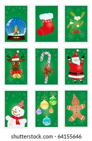 A collection of green greeting cards with Christmas symbols