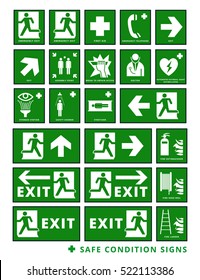 Collection of green health and safety signs.