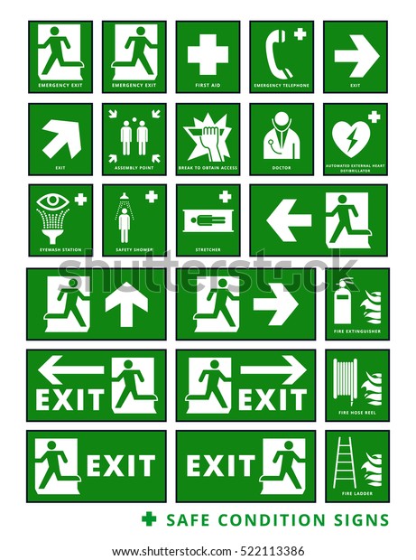 Collection of green\
health and safety\
signs.
