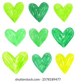 Collection of green hearts. Doodle drawing by hand with colored pencils, crayon. Sketch. Valentine's day design elements.