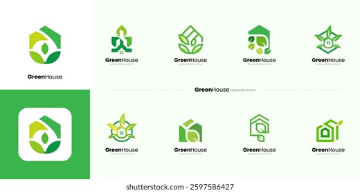 Collection of green house logo design, Garden green environment, Creative set of house logo with natural leaves, Leaf home logo for Real estate, Residential, Forest, Villa, Nature home logo concept.
