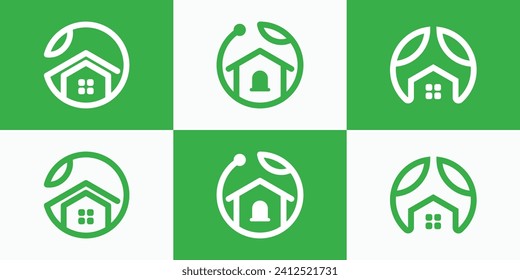 Collection of green house vector logo designs with circular leaves