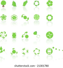 Collection of green icons with reflexion