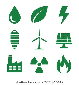 A collection of green icons representing various forms of energy generation and environmental concepts, including water, leaf, lightning, battery, wind turbine, solar panel, factory, nuclear symbol, and fire.