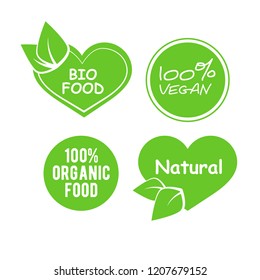 Collection of green label with type and lettering about healthy eco food, vegan. Set of healthy lifestyle stickers with decor elements. World Vegan Day design.