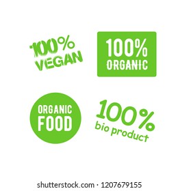 Collection of green label with type and lettering about healthy eco food, vegan. Set of healthy lifestyle stickers with decor elements. World Vegan Day design.