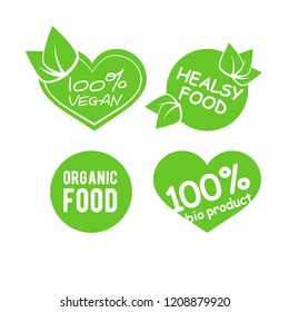 Collection of green label with type and lettering about healthy eco food, vegan. Set of healthy lifestyle stickers with decor elements. World Vegan Day design.