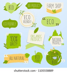 Collection of green labels and badges for organic, natural, bio and eco friendly products. Vintage vector,green colors.