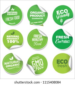 Collection of green labels and badges for organic and natural products