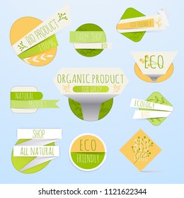 Collection of green labels and badges for organic, natural, bio and eco friendly products. Vintage vector,green colors.