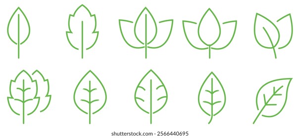 Collection of green Leaf Icons in outline Designs. Vector illustration isolated on white background.