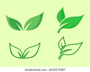 collection green leaf icons two solid leaves for a lush look and two outlined for a minimalist style. Ideal for designs to nature, organic products, eco-friendliness, health, or environmental themes