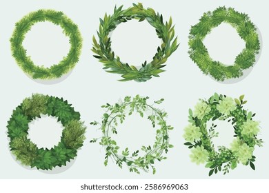 Collection of green leaf wreaths, featuring various styles and foliage types.