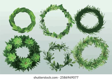 Collection of green leaf wreaths, featuring various styles and foliage types.