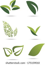 Collection of green leafs on white background