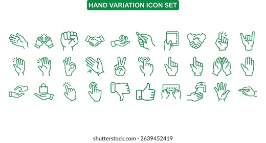 Collection of green line art hand gesture icons, demonstrating palm open, fist closed, handshakes, peace signs, touch screen action on transparent background.