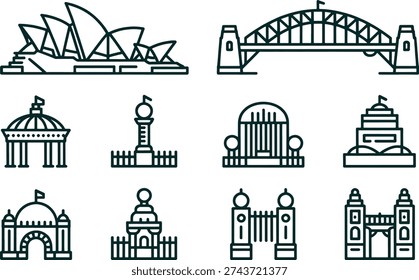 A collection of green line art illustrations of famous Sydney landmarks and buildings including the Opera House and Harbour Bridge