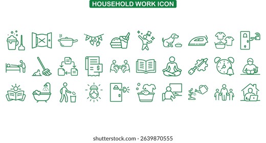 Collection of green linear icons depicting household chores, including cleaning, cooking, working, relaxing, and other domestic activities on a transparent background.