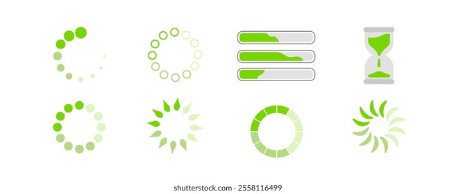 Collection of green loading animations and progress bar icons, hourglass, spinner, and progress indicators vector illustration