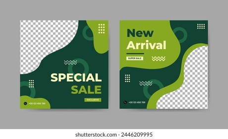 Collection of green offer, promotion social media post templates. Square banner design background.