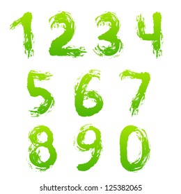 Collection of green painted numbers. Vector set of grunge numbers. Isolated on white background