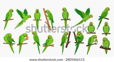 A collection of green parrots, also known as parakeets, in various poses on branches, some flying, others holding fruit.