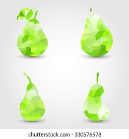 Collection of green pear polygon icon in modern style with shadow and gray background. Bright geometric symbol of food and fruit. Pear vector set.