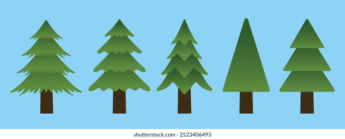 Collection of Green Pine Tree on Blue Background
