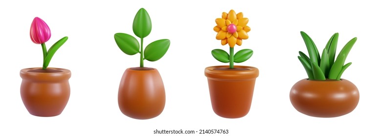 Collection of green plants in pot isolated on white background. Set realistic modern minimal design elements. 3d vector illustration. - Shutterstock ID 2140574763
