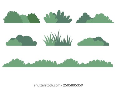 Collection green plants and silhouettes, isolated on white background. Different type of bushes. Vector illustration