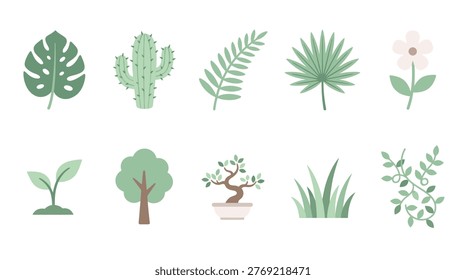 A collection of green plants and trees on a white background.