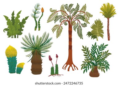 Colección de las plantas prehistóricas verdes. Naturaleza salvaje antigua.