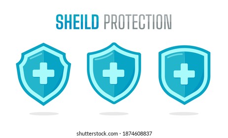Colección de escudos de protección verde con signo más en el concepto medio de protección contra el virus.