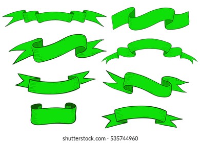 Collection of green ribbon banners and scrolls. Hand drawn sketch. Vector illustration isolated on white background.